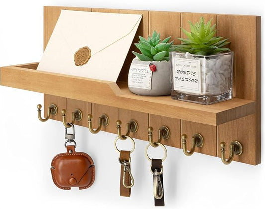 Rebee Vision Key Holder Wall Mount with 7 Key Hooks for Entryway, Yellow | Key Holder for Wall, Hanging Shelf, Key and Mail Holder for Wall, Display Plants & Letters, Stylish Home Storage Accent