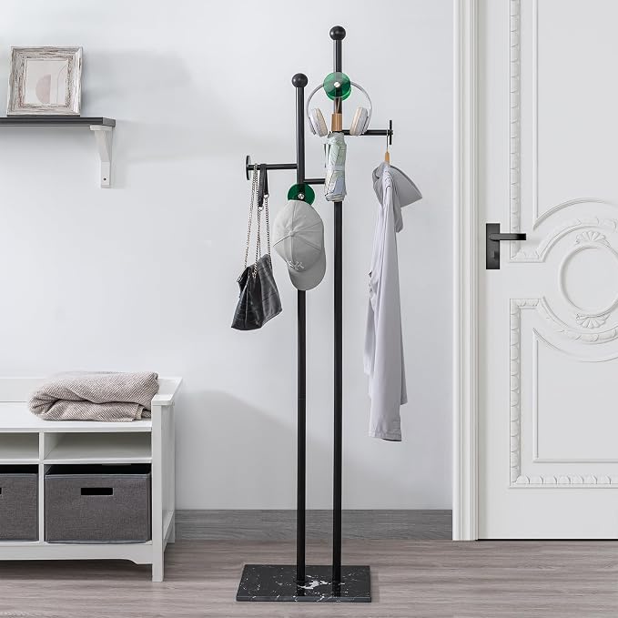 Metal Standing Coat Rack for Entryway Bedroom Living Room (Black) | Easy Assembly, Compact Footprint, Space Saver, Metal Frame, Marble Base, Sturdy, 8 Spherical Hooks, Office, Corner
