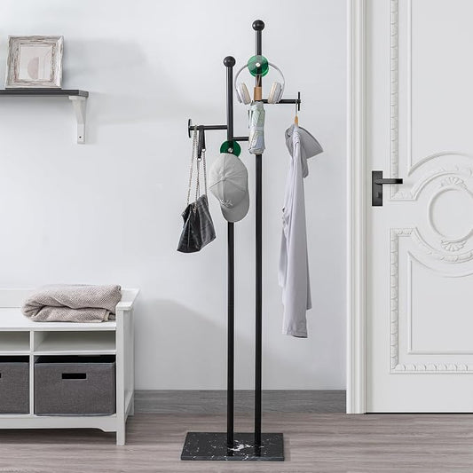 Metal Standing Coat Rack for Entryway Bedroom Living Room (Black) | Easy Assembly, Compact Footprint, Space Saver, Metal Frame, Marble Base, Sturdy, 8 Spherical Hooks, Office, Corner