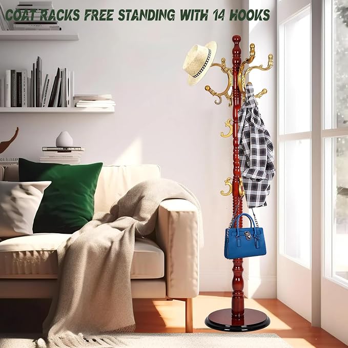 73" Wooden Coat Rack Stand,Coat Racks Freestanding With 14 Hooks And Solid Round Base Heavy Duty Adjustable Height Hall Tree Coat Rack for Entryway Hallway Foyer Office Bedroomf (Begonia)