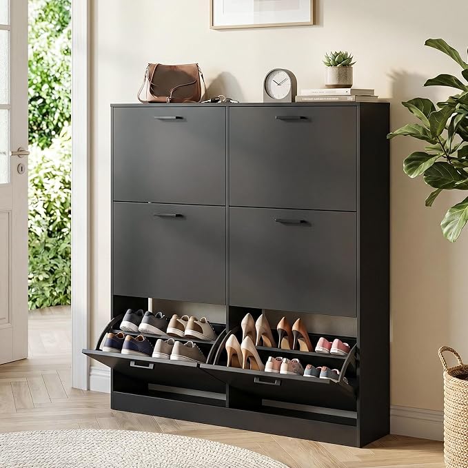 Shoe Cabinet with 6 Flip Drawers, Narrow Freestanding Shoe Organizer, Hidden Slim Shoe Storage Cabinet for Entryway, Hallway, Living Room, Black