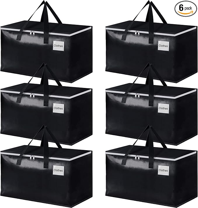 StorageRight Heavy Duty Moving Boxes-Moving Bags with Zipper, Reinforced Handles and Tag Pocket-Collapsible Moving Supplies-Totes for Storage Great for moving, Storage and Travel 93L(Black-6 Pack)