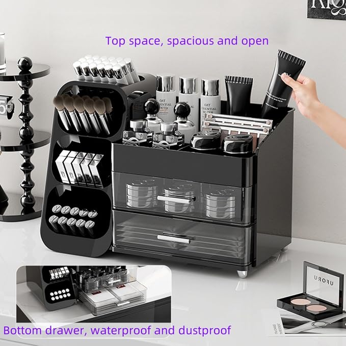 Makeup Organizer with Drawers, Large Capacity Countertop Organizers for Vanity,Bathroom and Bedroom Desk Cosmetics Organizer,Easy To Storage Skincare,Brushes,Lotions,Lipstick (Black)