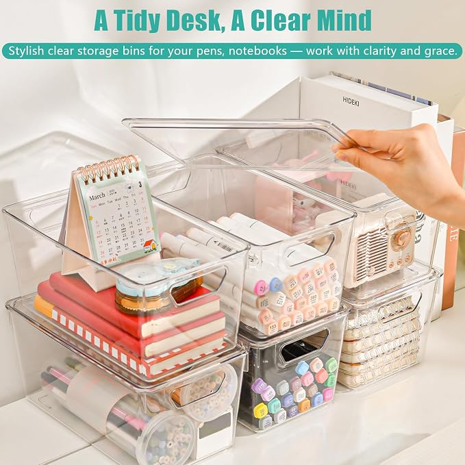 6 Pack Small Clear Storage Bins with Lids, Acrylic Arts and Craft Storage Containers, Stackable Clear Plastic Craft Storage Bins with Handles for Classroom Storage Organization,Kitchen, Fridge, Office