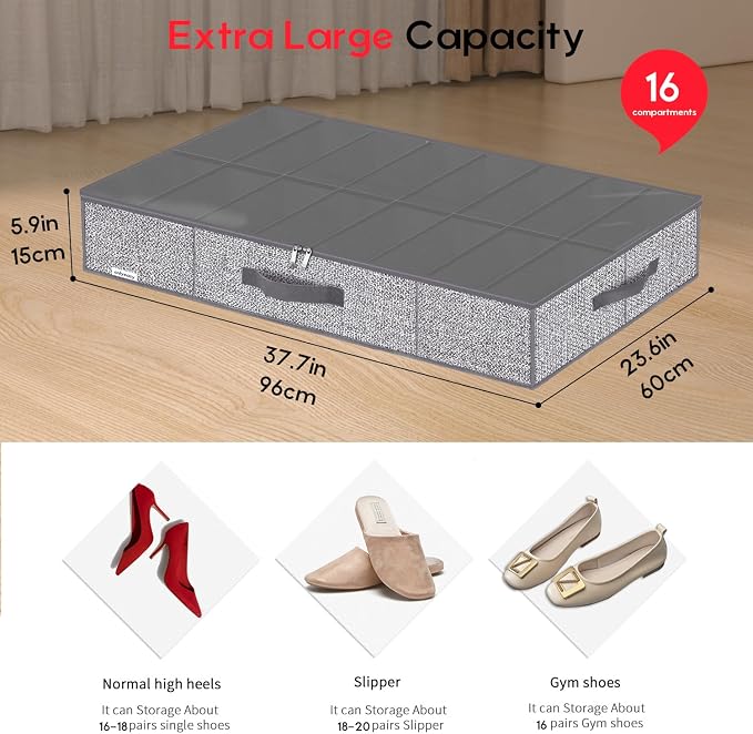Onlyeasy Sturdy Under Bed Shoe Storage Organizers with Handles & Clear Window (16 to 32 Pairs) 2 Pack, Closet Shoes Containers Boxes for Kids & Adults, 37.7"x23.6"x5.9", Linen-like Grey, MXDUBS16P2