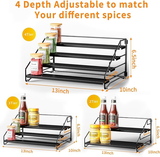 4 Tier Spice Rack Organizer for Cabinet, Depth Adjustable Spice Rack,1 Pack | Black, Metal Spice Organization for Cabinet, Easy Visibility, Tiered Spice Shelf Perfect for Cabinet, Pantry and Countertop