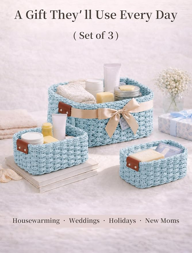 Small Wicker Baskets, 3 PCS Paper Rope Baskets for Shelves, Light | Recycled Small Baskets, 3 Sizes Woven Baskets for Organizing, Decorative Storage Baskets for Bedroom and Bathroom