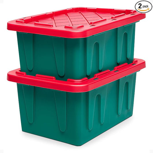 HOMZ Holiday Plastic Storage Container, 15 Gallon - Set of 2, Green and Red, 2 Sets | Heavy-Duty Large Stackable Container Seasonal Boxes for Home, Attic, and Garage Organization