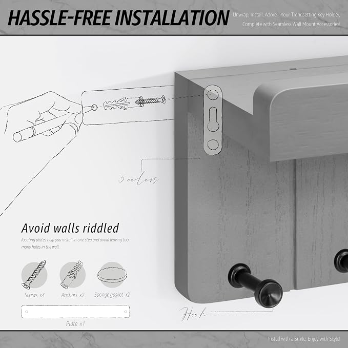 Rebee Vision Key Holder Wall Mount with Shelf for Home Decor, Light Gray | Key and Mail Holder for Wall, Floating Shelf, 4 Hooks, Aesthetic Room Decor, Apartment Essentials, Compact Home Storage