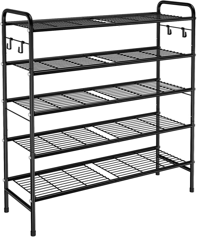 VILICK 5 Tier Shoe Rack 33" Wide Metal Shoe Organizer Long Shoe Storage with 4 Side Hooks Sturdy Shoes Shelf for Closet, Front Door Entrance, Garage, Dorm, Black