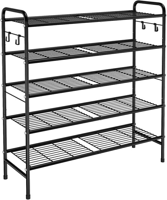 VILICK 5 Tier Shoe Rack 33" Wide Metal Shoe Organizer Long Shoe Storage with 4 Side Hooks Sturdy Shoes Shelf for Closet, Front Door Entrance, Garage, Dorm, Black