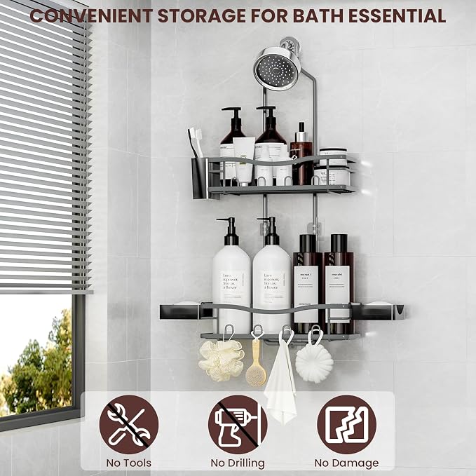 Rustproof Shower Caddy Hanging with Soap Holders for Bathroom, Grey | Shower Organizer with Multi Hooks Toothbrush Holder, No Drilling, Anti-Swing, Storage for Shampoo Conditioner Body Wash