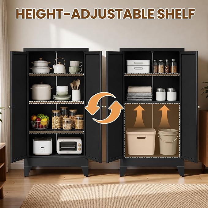 Metal Pantry Cabinet, 47" Kitchen Pantry Cabinet with 2 Doors and 3 Adjustable Shelves, Black Steel Storage Cupboard for Dining, Office, Living Room, Bathroom