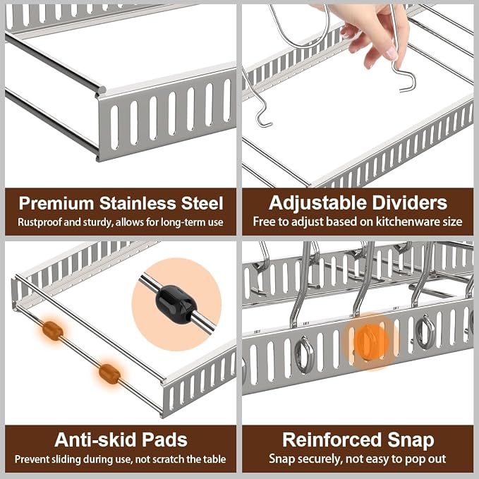 Housolution Pot and Pan Lid Organizer Holder Storage Rack, Silver | 12"-23" Expandable, 14 Adjustable Dividers, Sturdy Stainless Steel Construction, Easy Assembly