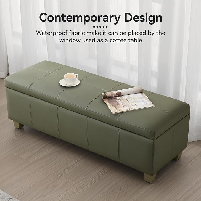 WUTUTUEE 51" Faux Leather Storage Ottoman, Stitch Tufted Rectangle Upholstered End of Bed Storage Bench, Entryway Large Couch Ottoman with Wooden Legs,Green