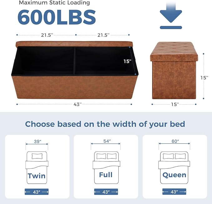 DUMOS 43 Inch Folding Storage Ottoman Bench, Large Ottoman with Storage | Storage Chest with Padded Seat, End of Bed Foot Rest Stool for Bedroom Living Room, Load 660 lbs, Synthetic Leather, Brown