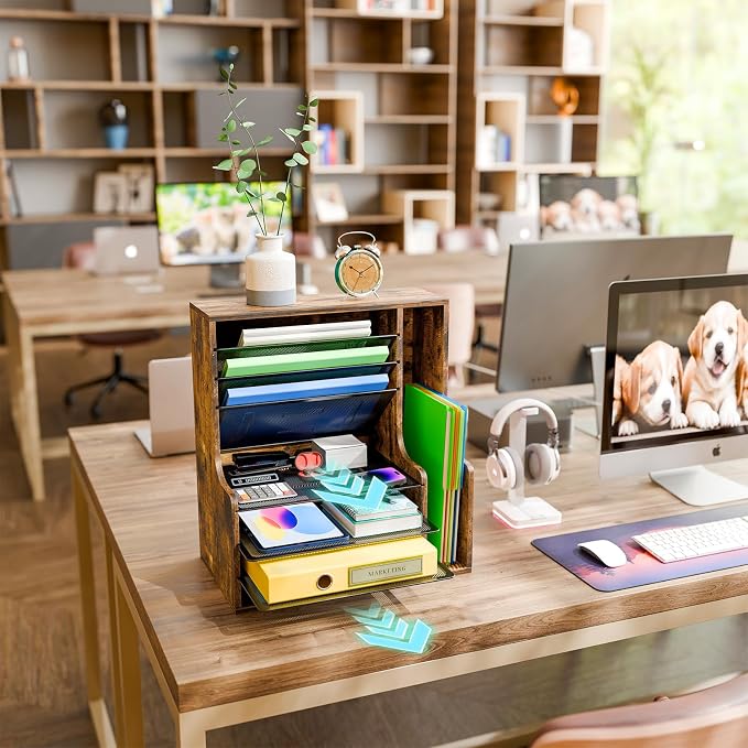 Simple Trending 7- Tier Desk File Organizer, Paper Organizer, Rustic Brown | Adjustable Letter Trays, Wooden Desk Accessories with Side File Holder, for Office Home Classroom, 16"L x 9"W x 17"H