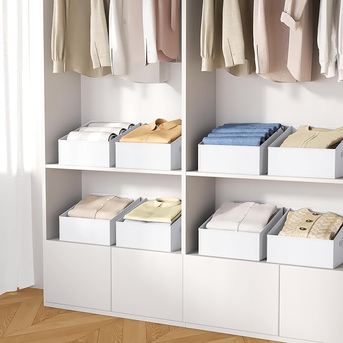 DIMJ Closet Storage Bins 6 Pack - Fabric Trapezoid Organizer Bin, Foldable Storage Baskets for Shelves, Closet Shelf Organizer, Clothing Storage Box for Toys, Books, Towel, Clothes, White
