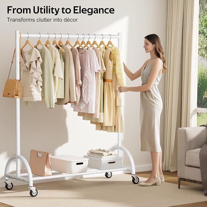 MISSLO Heavy Duty Clothing Rack with Wheels Rolling Clothes Racks for Hanging Clothes, Coats, Garment, Dress, White