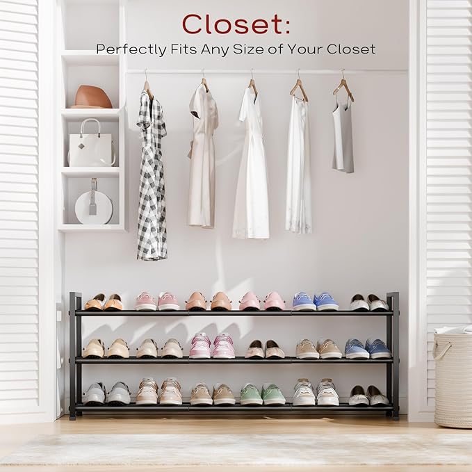 Bumusty 3 Tier Long Expandable Shoe Rack for Closet, Black | 18"-44" Adjustable Shoe Rack for Entryway, Shoe Organizer for Dorm, Front Door, Sturdy Metal