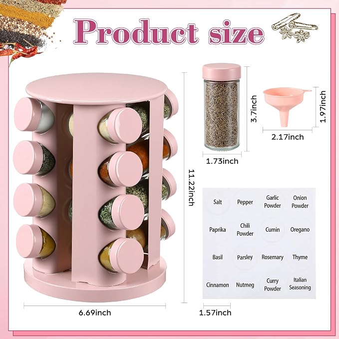 Yungyan Pink Rotating Spice Rack Seasoning Organizer with 16 Empty Jars, Spice Containers Set with Labels and Funnel, Revolving Seasoning Rack for Kitchen Accessories