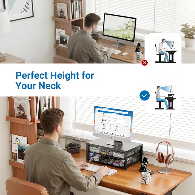 Computer Monitor Stand Riser, Desk Organizer with Drawer, Printer & Laptop Stand, Office Desk Accessories & Workspace Desktop Organizers Storage for Office Supplies(Black Double-Drawer)