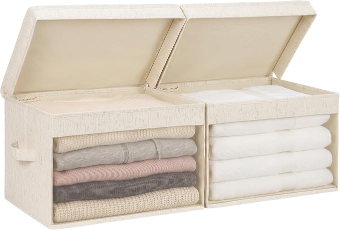 StorageWorks Fabric Storage Bins with Lids, Large Closet Storage Bins | Flip-Top Lid, Clear Window, Handles, Collapsible, for Clothes Blankets Books, Closet Box, Beige, 2-Pack
