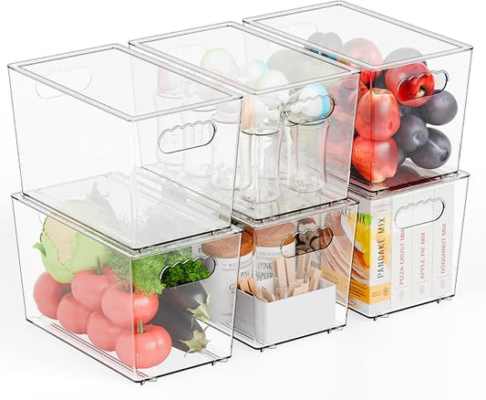 6 Pack Large Stackable Clear Storage Bins with Lids,BPA FREE Pantry Organizers and Storage with Handle,Plastic Containers Organization and Storage for Kitchen,Refrigerator,Closet Organization