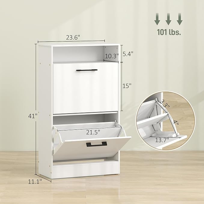 HOMCOM Shoe Cabinet with 2 Flip Drawers, Open Shelf, up to 12 Pairs, White | Narrow Storage Cabinet, Adjustable Dividers, Entryway Shoe Storage Unit, for Hallway
