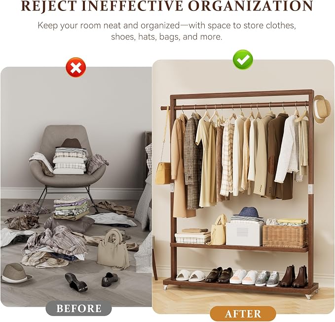 Solid Wood Clothes Rack with Wheels 3-in-1 Garment Rack Extra Long Rod 2 Shelves