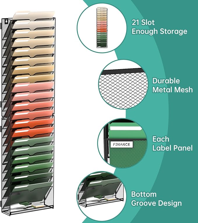 SUPEASY 21 Tier Wall File Organizer, Hanging Wall Mounted Mail Organizer with Label Slots, Metal Mesh File Holder Magazine Rack for Office, Home, School or Classroom, Black