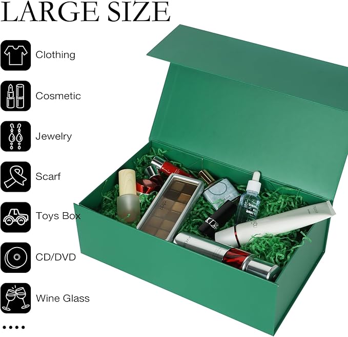 LFBOX Green Christmas Gift Box with Magnetic Lids 1 Pack | Large Bridesmaid Groomsman Proposal Boxes,13.8x8.3x4.4 in, Collapsible Rectangle Storage Box