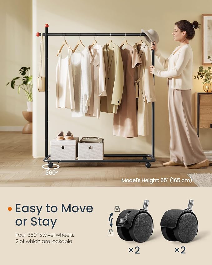 SONGMICS HOME Clothes Rack, Clothing Rack on Wheels, Portable Garment Rack, with 1 Clothes Hanging Rail, Matchstick-Shaped Hooks, Ink Black UHSR170B01