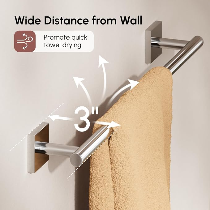 Polished Chrome Towel Bar, 18 Inch Towel Racks for Bathroom | Thicken 304 Stainless Steel Towel Holder with Square Base, Towel Rod Wall Mounted, Modern Home Decor (Total Length 20 Inch)