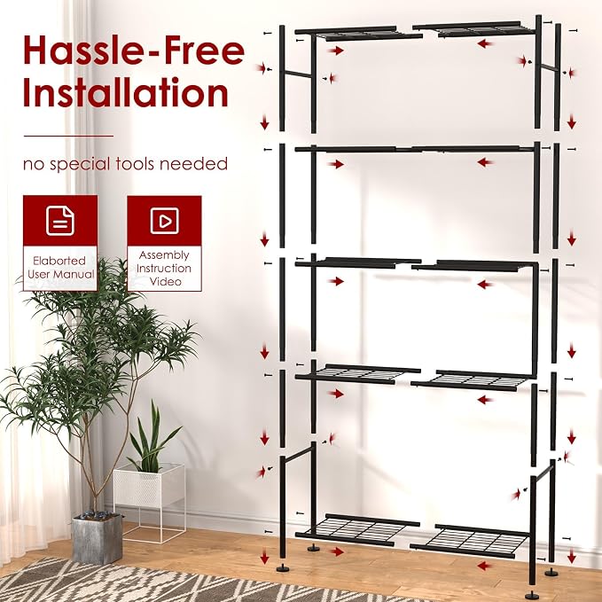 Sakugi Storage Racks - 2 Pack, 5-Tier Freestanding Steel Shelving Units with Reinforced Frame, Adjustable Garage Organization Shelves for Warehouse, Basement, Workshop, 33.5" x 12.6" x 72", Black