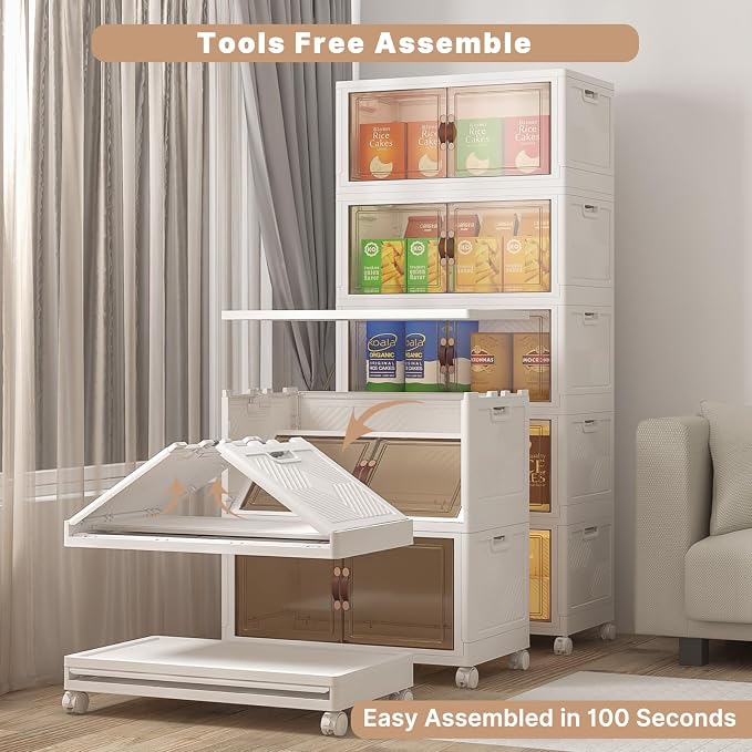 Stackable Storage Bins with Lids, 600QT Closet Organizers and Storage Cabinet with Doors & Wheels, Lockable Plastic Foldable Drawers for Bedroom Dorm Office Garage（120QT*5,White）