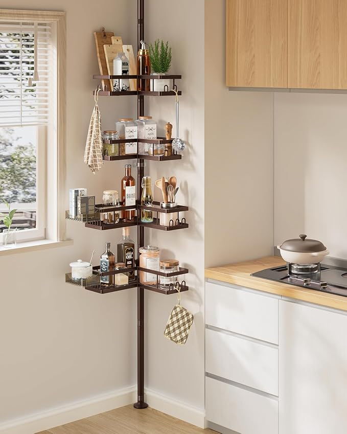 YASONIC Corner Shower Caddy Tension Pole, 25.7-109.1in Adjustable Shower Shelves, Rust-Resistant Shower Organizer, No-Drill 3-Step Installation, Bathroom Shelves for Renters & Family, Bronze