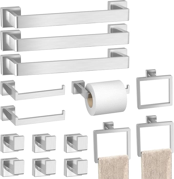 15-Pieces Brushed Nickel Bathroom Accessories Set, 16 Inch Towel Bar Set | Stainless Steel, Towel Ring, Toilet Paper Holder, Robe Hooks, Towel Racks for Bathroom Wall Mounted, Bathroom Hardware Set