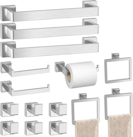 15-Pieces Brushed Nickel Bathroom Accessories Set, 16 Inch Towel Bar Set | Stainless Steel, Towel Ring, Toilet Paper Holder, Robe Hooks, Towel Racks for Bathroom Wall Mounted, Bathroom Hardware Set