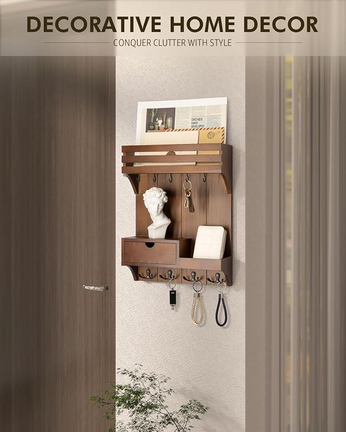 Rebee Vision Key Holder Wall Mount with Drawer Organizer for Entryway,Brown | Key Holder for Wall , 9 Sturdy Key Hooks, Floating Shelf, Plant Display, Drawer Organizer, Mail Sorter, Home Decor Storage