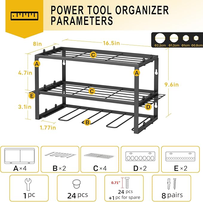 SPACECARE Power Tool Organizer- 2 Pack 3 Layers Rack for 8 Drill Holders | Heavy Duty Tool Shelf Durable Wall Mount Tool Storage Rack for Work Shop, Garage Organization, 150Lbs Load Capacity, Black