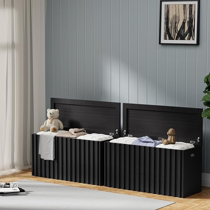 Black Storage Bench Set of 2, 39.4" Fluted Wood Storage Trunk with 2 Safety Hinges, Sturdy Storage Chest, Storage Bench for Bedroom,Entryway, Living Room