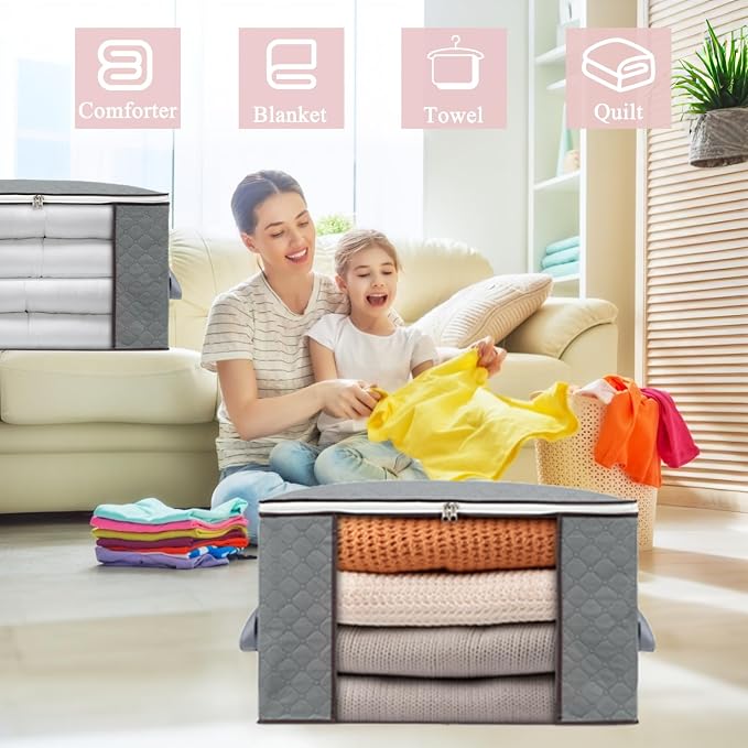 combocube Comforter Storage Bag, Zippered Bag with Large Clear Window and Carry Handles, Space Saver Organizers for Closet, Blanket, Pillow, Quilt, Bedding, Clothes (4Pcs Grey Large)