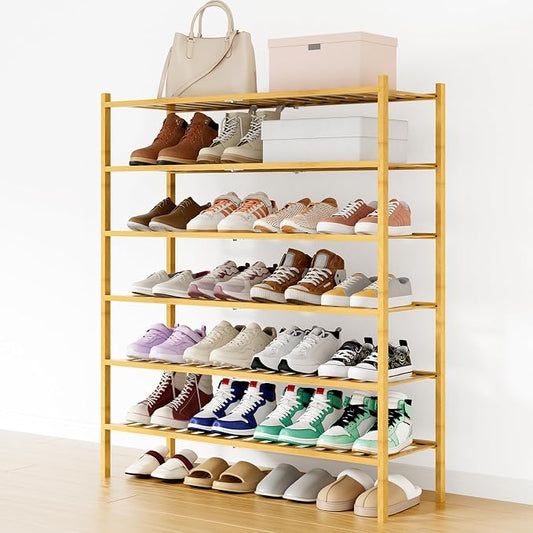 Smiry Bamboo Shoe Rack, 12 Vertical Slats, 6 Tier - 33.7" Wide, Natural | Stackable Free Standing Wooden Shoe Organizer, Wood Shoe Storage Shelf for Closet, Entryway