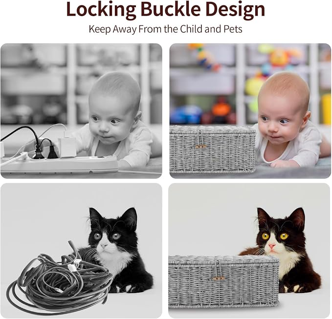 Cable Management Box, Desk Handwoven Rattan Cord Hider Cable Organizer Box With Lid Button Lock, Power Strip Cover Wicker Decorative Basket, Floor Wire Hiding Extension Cord Box (grey)