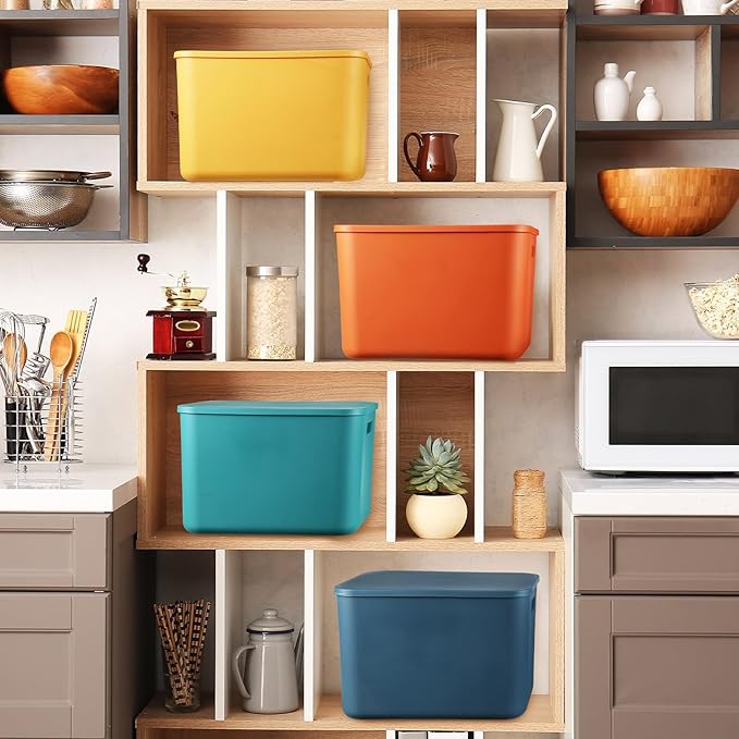 8 Pieces Colorful Storage Bins with Lid, Plastic Storage Basket Organizing Container Stackable Box with Handle for Shelves Desktop Playroom Office(14.2 x 10.2 x 9.5 Inch,Multi-colored)