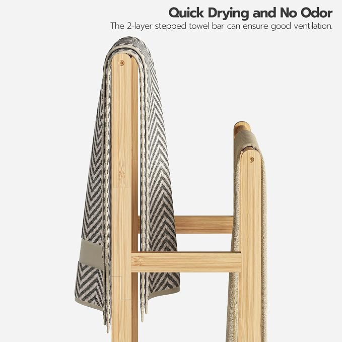 HOOBRO Freestanding Towel Rack for Bathroom, 2 Tier Decorative Bamboo Blanket Rack, Quilt Display Stand with Storage Shelf, 16.5" L x 9.4" W x 30.5" H, Bedroom, Living Room, Natural Color YL02LB01