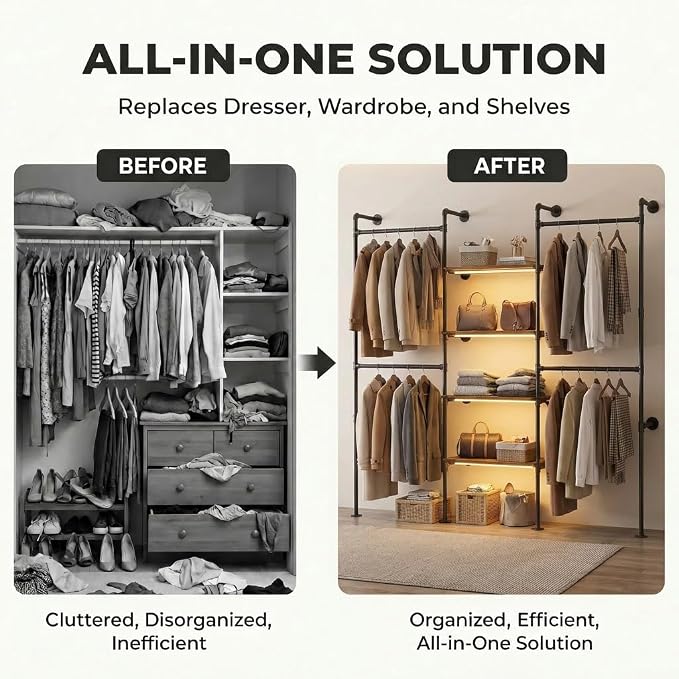 Industrial Pipe Clothing Rack with LED Lights& Shelves,Black | Heavy Duty Adjustable Garment Hanger with Shelves, 2 Installation Methods Closet Storage System for Wardrobe Organization