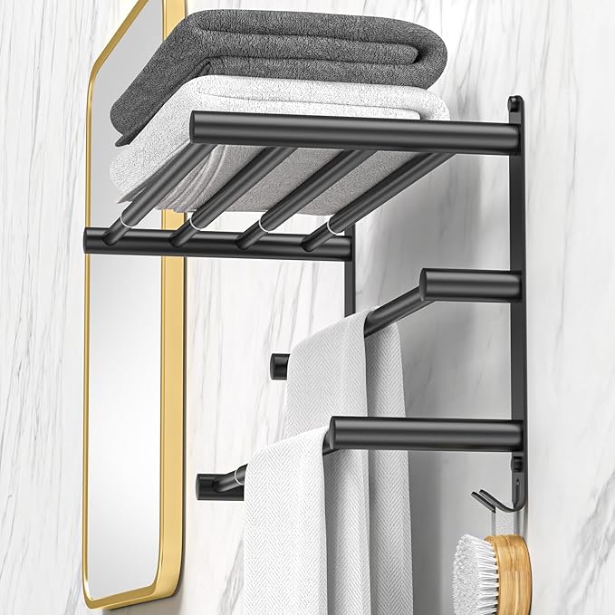 CAXIMSY Black Adjustable Towel Bar for Bathroom Wall Mount17-30.7inch Adhesive Shower Towel Rack Stainless Steel Bath Towel Holders for Toilet Kitchen Double Towel Hanger (Black 3-Layer Towel Rack)