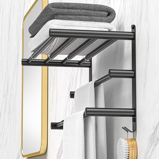 CAXIMSY Black Adjustable Towel Bar for Bathroom Wall Mount17-30.7inch Adhesive Shower Towel Rack Stainless Steel Bath Towel Holders for Toilet Kitchen Double Towel Hanger (Black 3-Layer Towel Rack)